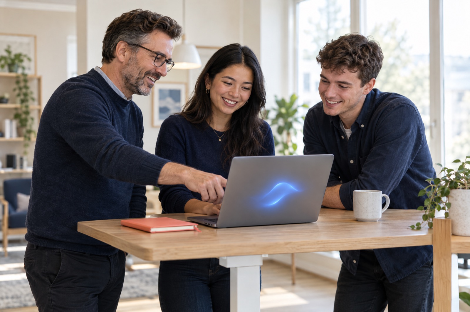 Three MSP colleagues smiling together at a laptop